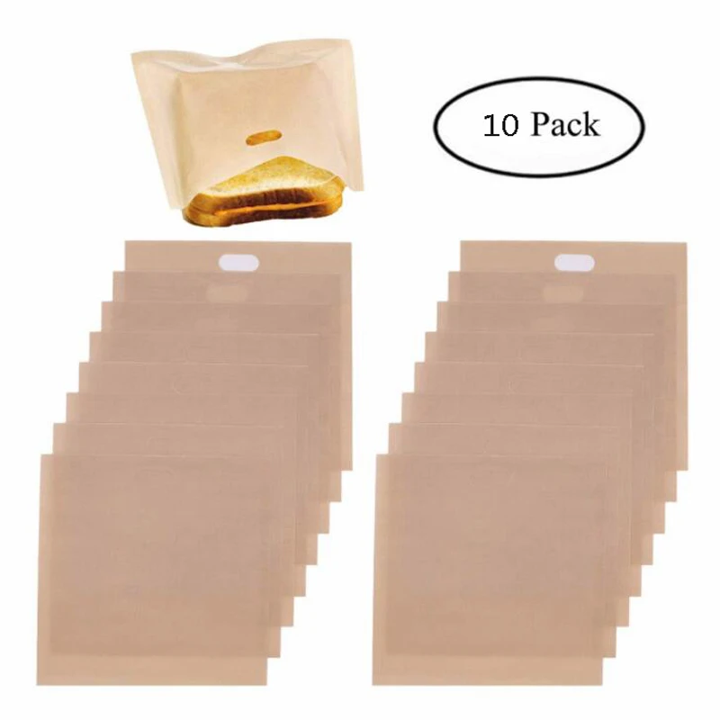 Non-Stick Teflon Toaster Bags, Reusable, Heat Resistant, Microwave BBQ Bag For Grilled Cheese Sandwiches, 10Pcs - Small