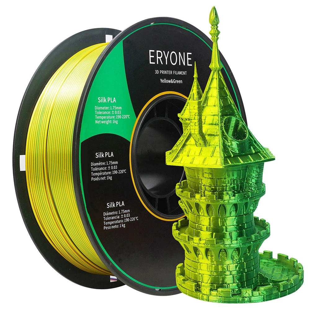 ERYONE Dual Color Silk PLA Filament For 3D Printers, 1.75mm Tolerance +/- 0.03mm, 1kg (2.2LBS)/Spool - Yellow And Green