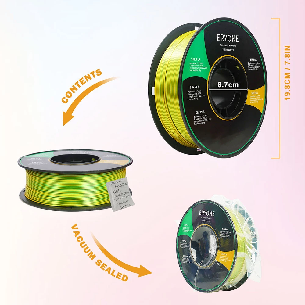ERYONE Dual Color Silk PLA Filament For 3D Printers, 1.75mm Tolerance +/- 0.03mm, 1kg (2.2LBS)/Spool - Yellow And Green - Image 4