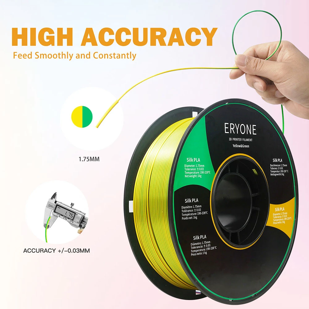 ERYONE Dual Color Silk PLA Filament For 3D Printers, 1.75mm Tolerance +/- 0.03mm, 1kg (2.2LBS)/Spool - Yellow And Green - Image 5