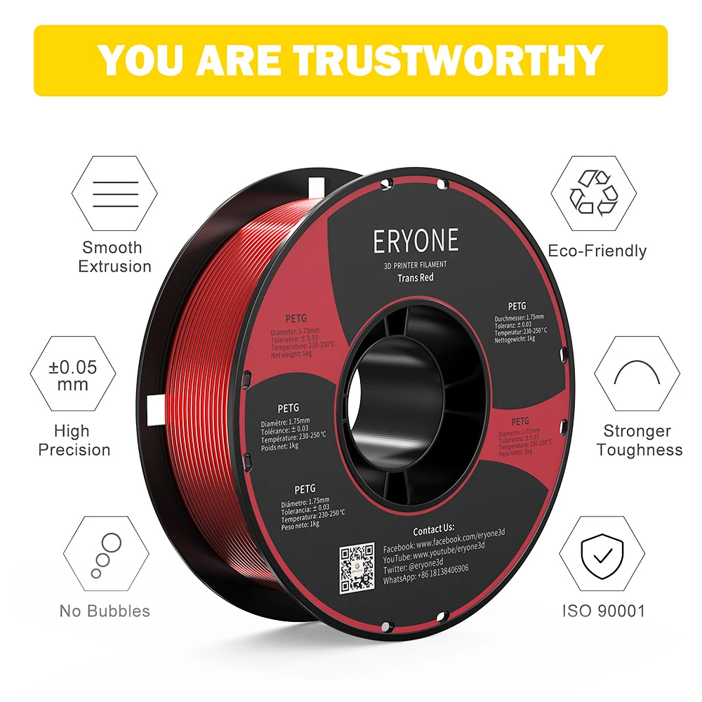 ERYONE PETG Filament For 3D Printer 1.75mm Tolerance 0.03mm 1KG(2.2LBS)/Spool - Transparent Red - Image 3
