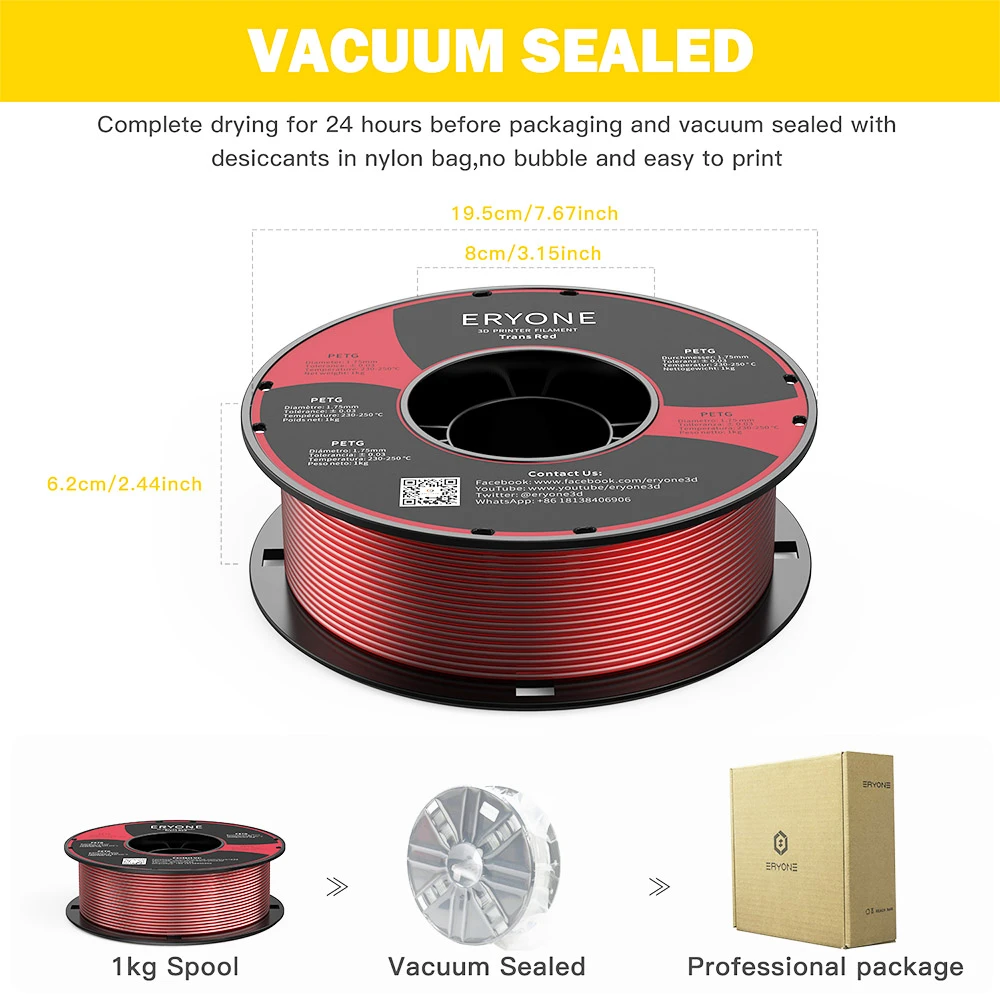 ERYONE PETG Filament For 3D Printer 1.75mm Tolerance 0.03mm 1KG(2.2LBS)/Spool - Transparent Red - Image 4