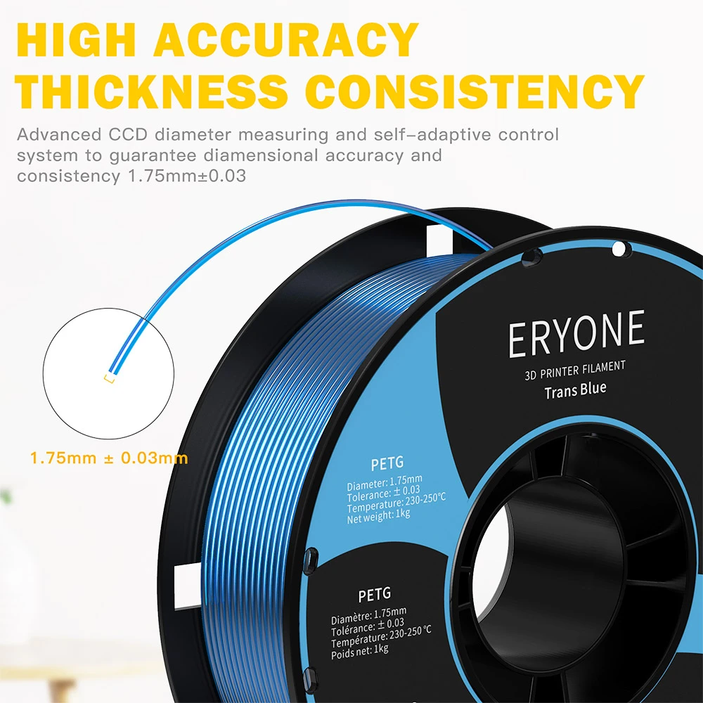 ERYONE PETG Filament For 3D Printer 1.75mm Tolerance 0.03mm 1KG(2.2LBS)/Spool - Transparent Blue - Image 2