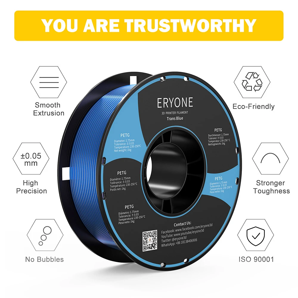 ERYONE PETG Filament For 3D Printer 1.75mm Tolerance 0.03mm 1KG(2.2LBS)/Spool - Transparent Blue - Image 3