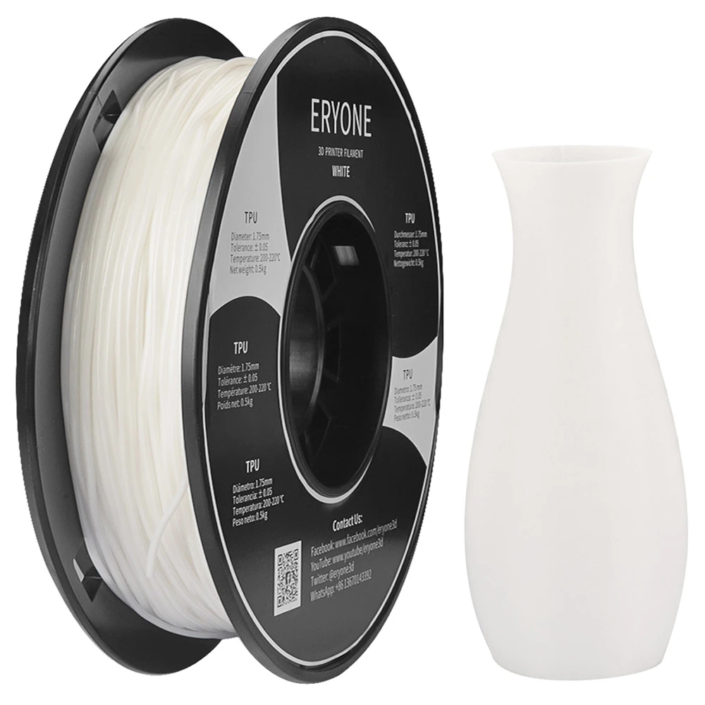ERYONE TPU Filament For 3D Printer 1.75mm Tolerance 0.03mm 0.5kg (1.1 LB) / Spool - White