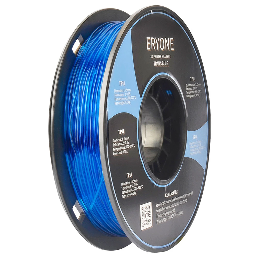 ERYONE TPU Filament For 3D Printer 1.75mm Tolerance 0.03mm 0.5kg (1.1 LB) / Spool - Transparent Blue - Image 2