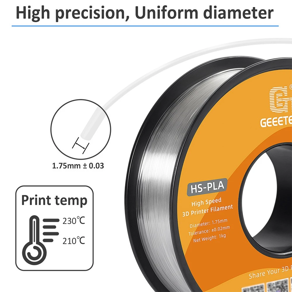 Geeetech HS PLA Filament For 3D Printer, 1.75mm Dimensional Accuracy +/- 0.03mm 1kg Spool (2.2 Lbs) - Transparent - Image 3