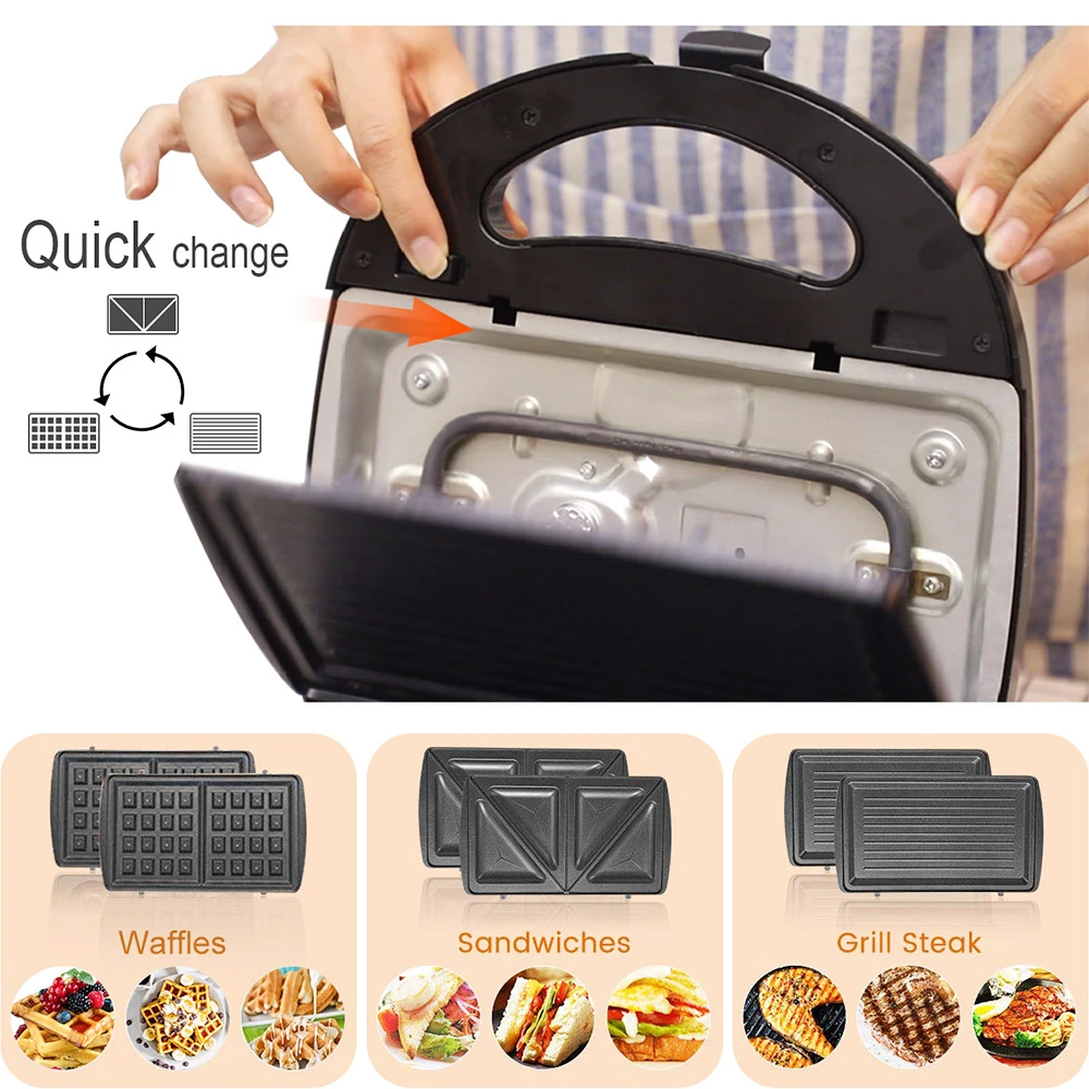 Sonifer SF6050 800W Electric Waffle Maker, 3-in-1 Grill Sandwich Panini Plate, Toaster Breakfast Machine, Non-stick - Image 2