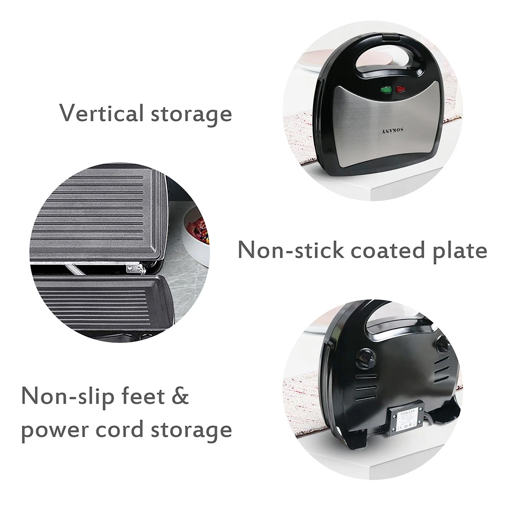 Sonifer SF6050 800W Electric Waffle Maker, 3-in-1 Grill Sandwich Panini Plate, Toaster Breakfast Machine, Non-stick - Image 4