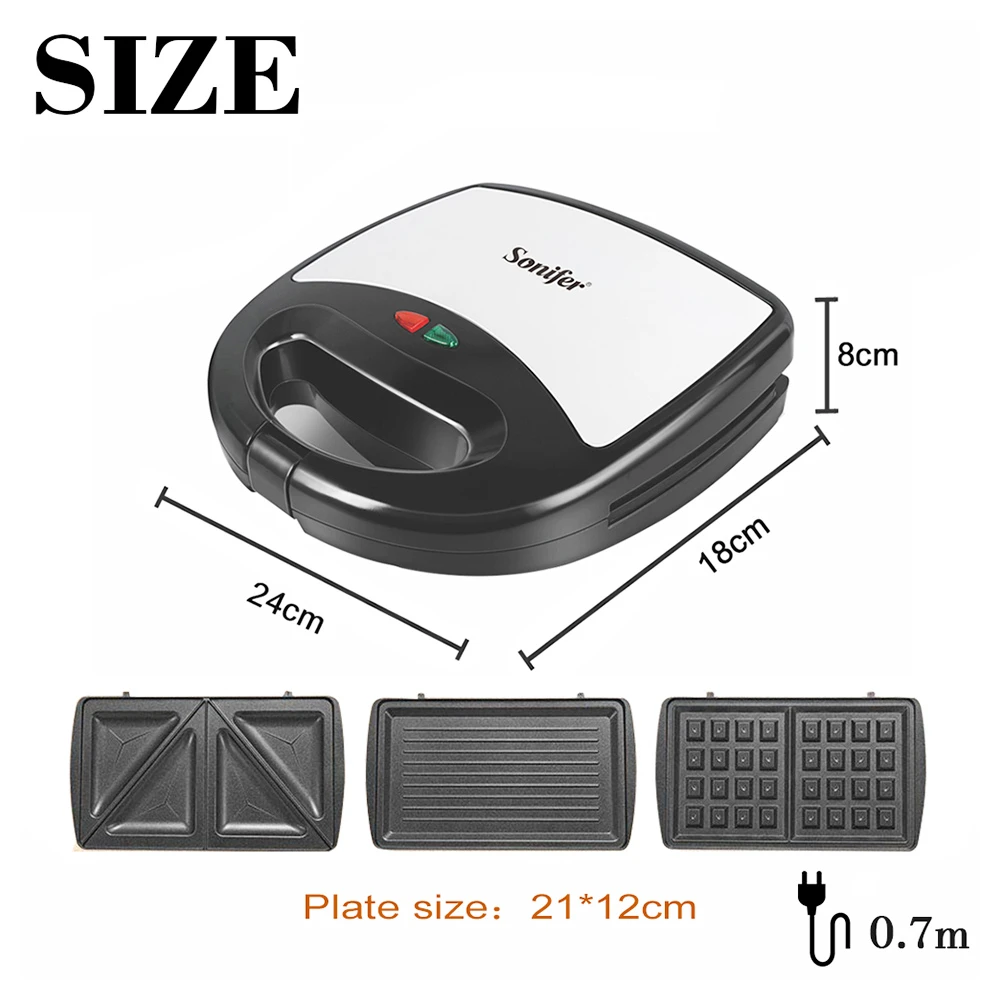 Sonifer SF6050 800W Electric Waffle Maker, 3-in-1 Grill Sandwich Panini Plate, Toaster Breakfast Machine, Non-stick - Image 5