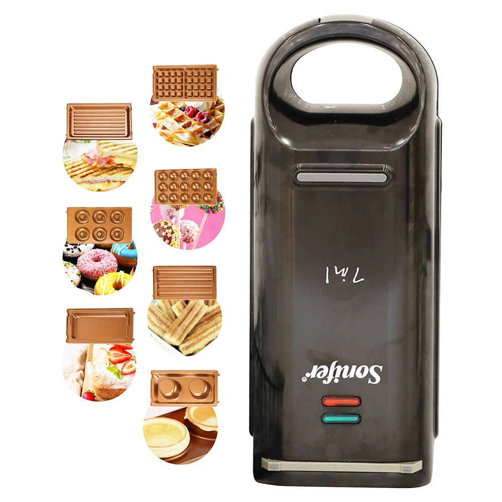 Sonifer SF6093 800W Electric Waffle Maker, 7-in-1 Cake Donuts Panini Churros Barbecue Plate 180 Degree Rotatable Machine