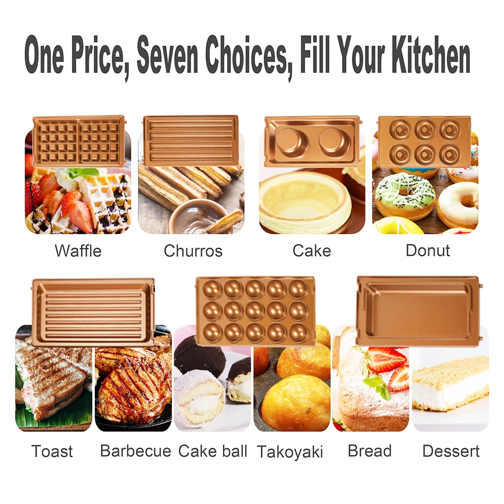 Sonifer SF6093 800W Electric Waffle Maker, 7-in-1 Cake Donuts Panini Churros Barbecue Plate 180 Degree Rotatable Machine - Image 3