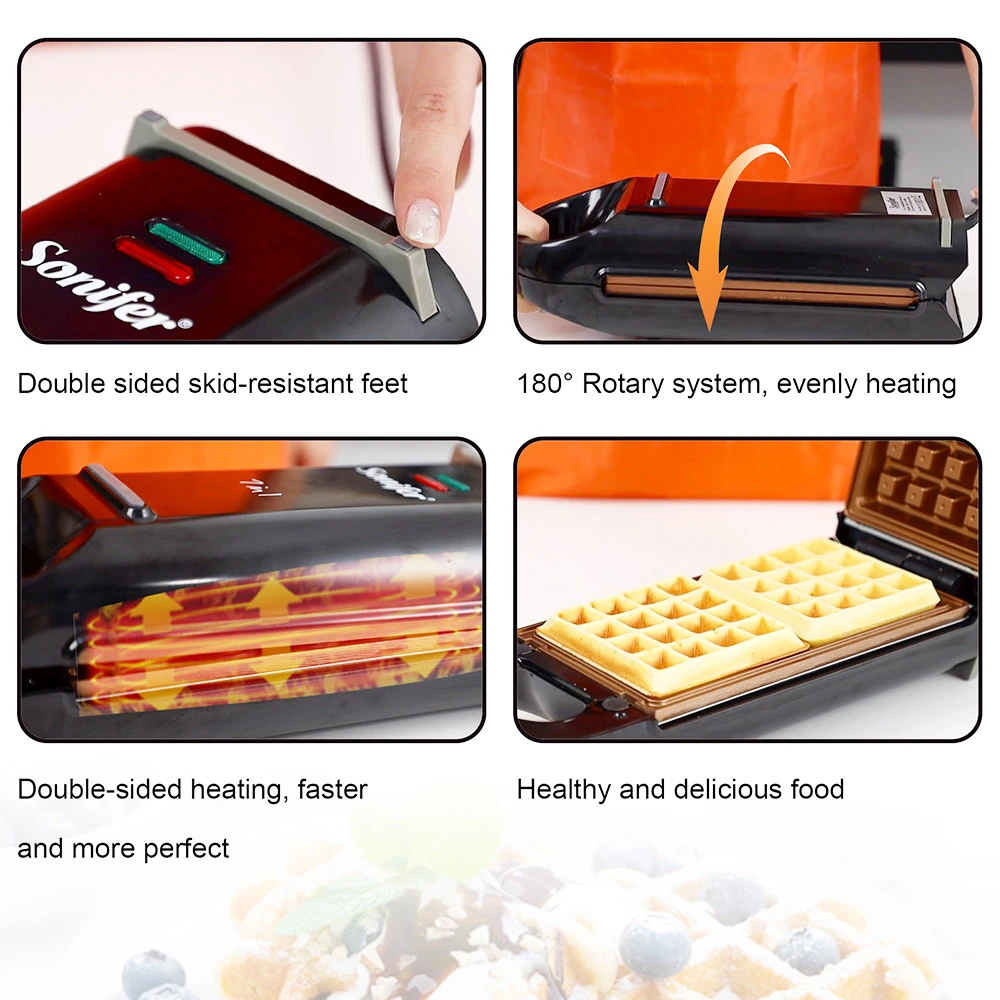 Sonifer SF6093 800W Electric Waffle Maker, 7-in-1 Cake Donuts Panini Churros Barbecue Plate 180 Degree Rotatable Machine - Image 4